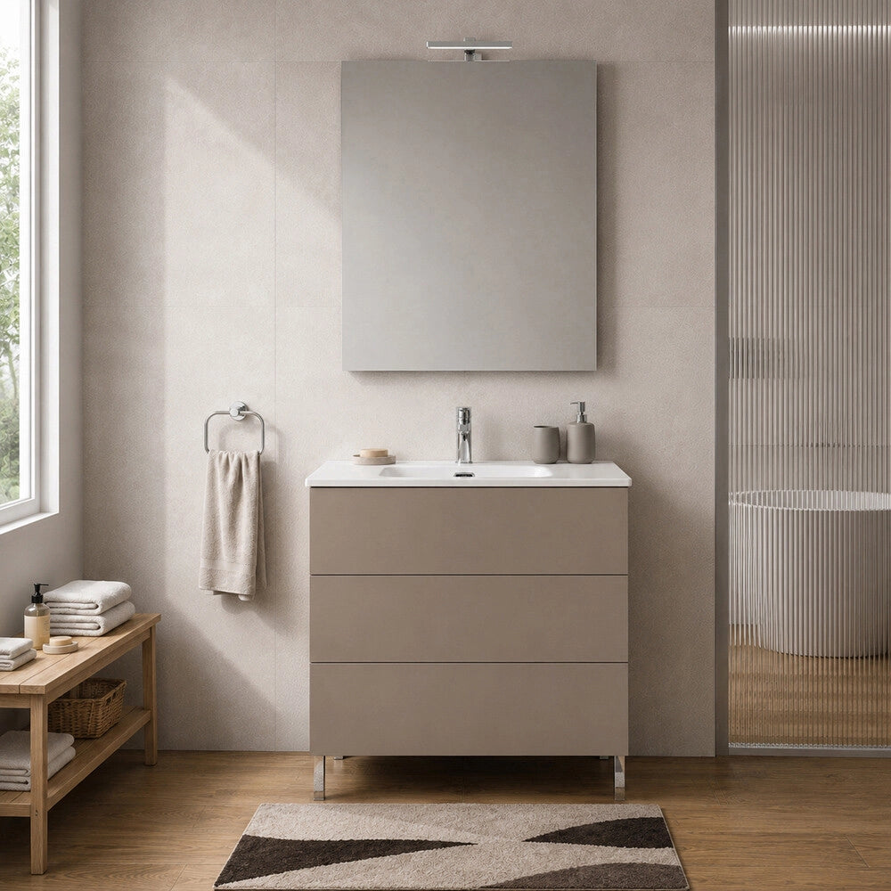 Mobile bagno a terra 80 cm tortora tre cassetti push-pull con lavabo Tierra