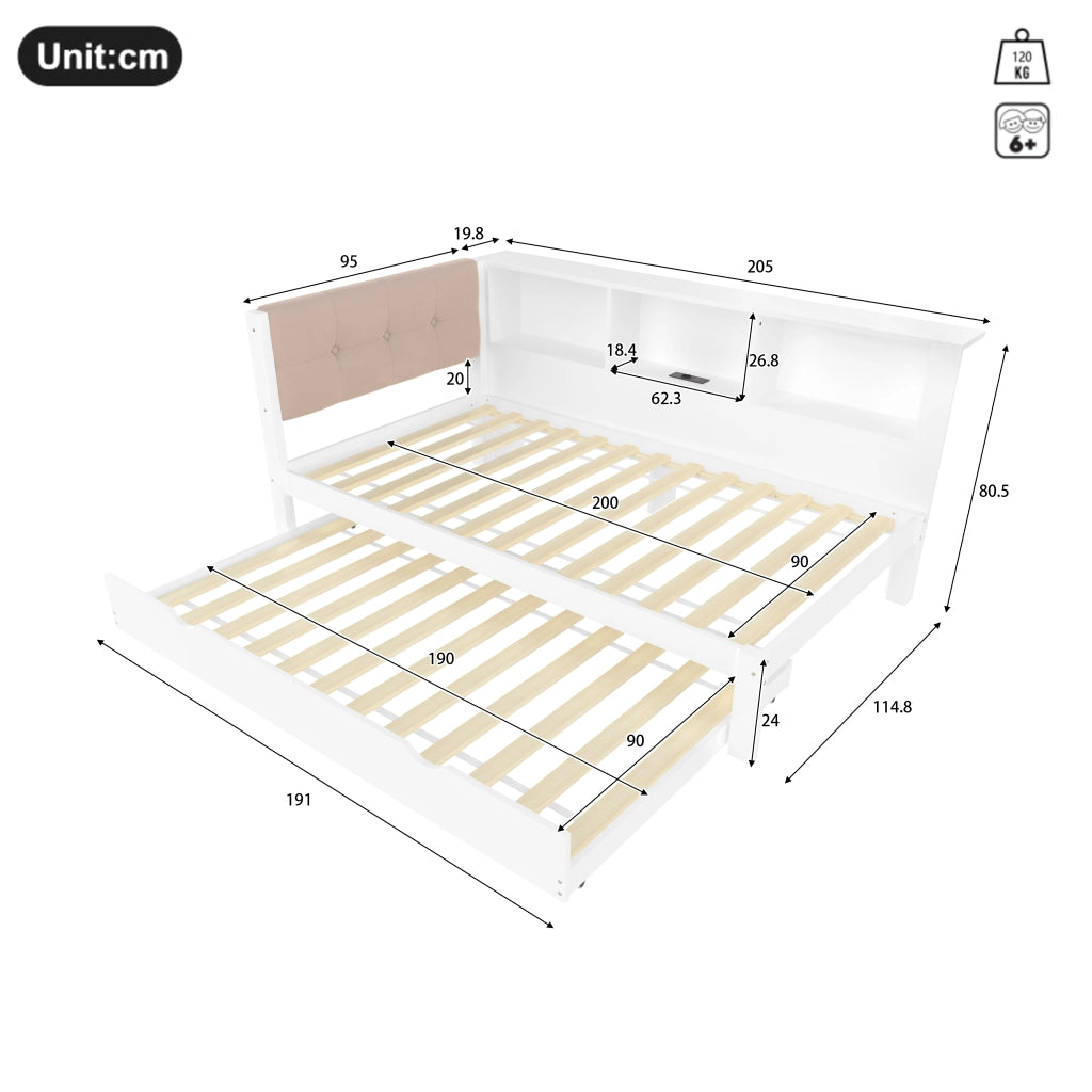 OKWISH Letto a Scomparsa 90×200 cm, Letto Singolo con Letto Estraibile, LED Regolabile, Ripiani e USB, senza Materasso, Legno, Bianco