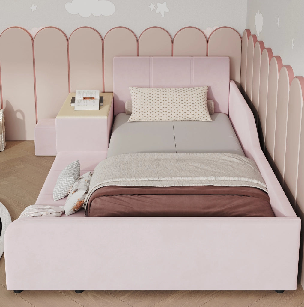 Letto imbottito per bambini 90x200 cm con scrivania, sgabello e ripiano in velluto rosa