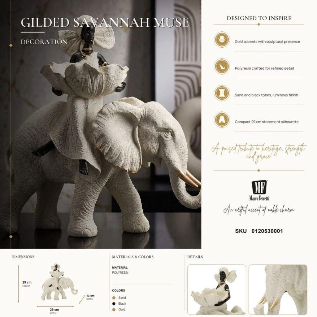 Scultura decorativa Donna su Elefante in poliresina sabbia e oro