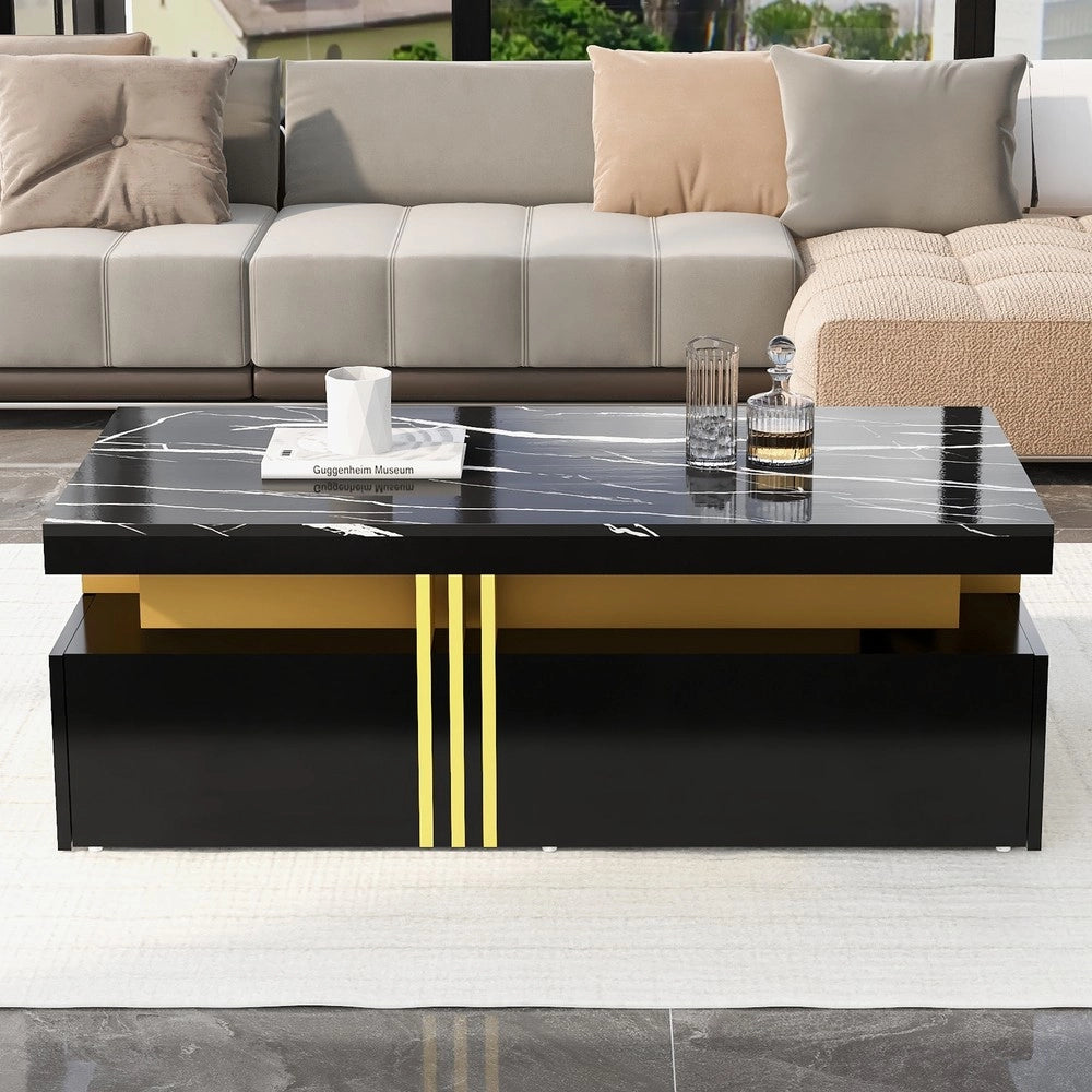 Tavolino da Caff¨¨ Rettangolare ¨C MINIMAL ¨C Piano Effetto Marmo, Cassetti, Legno Lucido, 100x50x40
