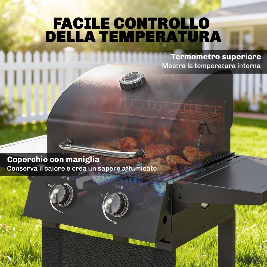Barbecue a Gas Propano con 2 Bruciatori, Portatile, Termometro, Nero
