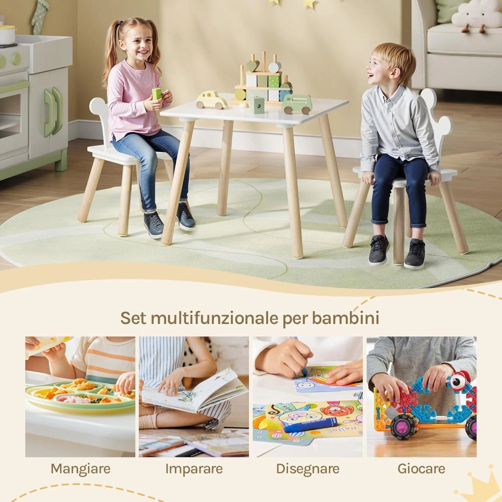 Set Tavolino Bambini e 2 Sedie con Schienale a Forma di Corona, Scrivania Cameretta per Asilo, in MDF + Legno, Bianco + Rovere Chiaro