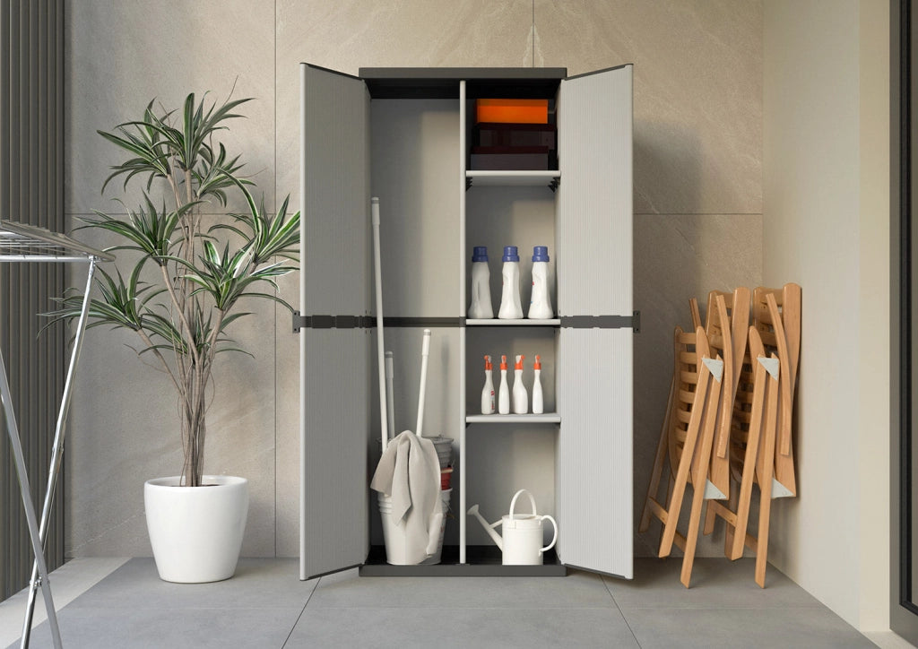 Armadio Portascope da Esterno 68x40x165 cm 2 Ante 4 Ripiani in Resina Grigio