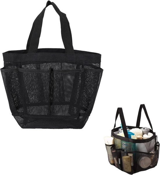 Borsa per la doccia con mesh, con 7 tasche e maniglie, per la doccia e il viaggio (nero)