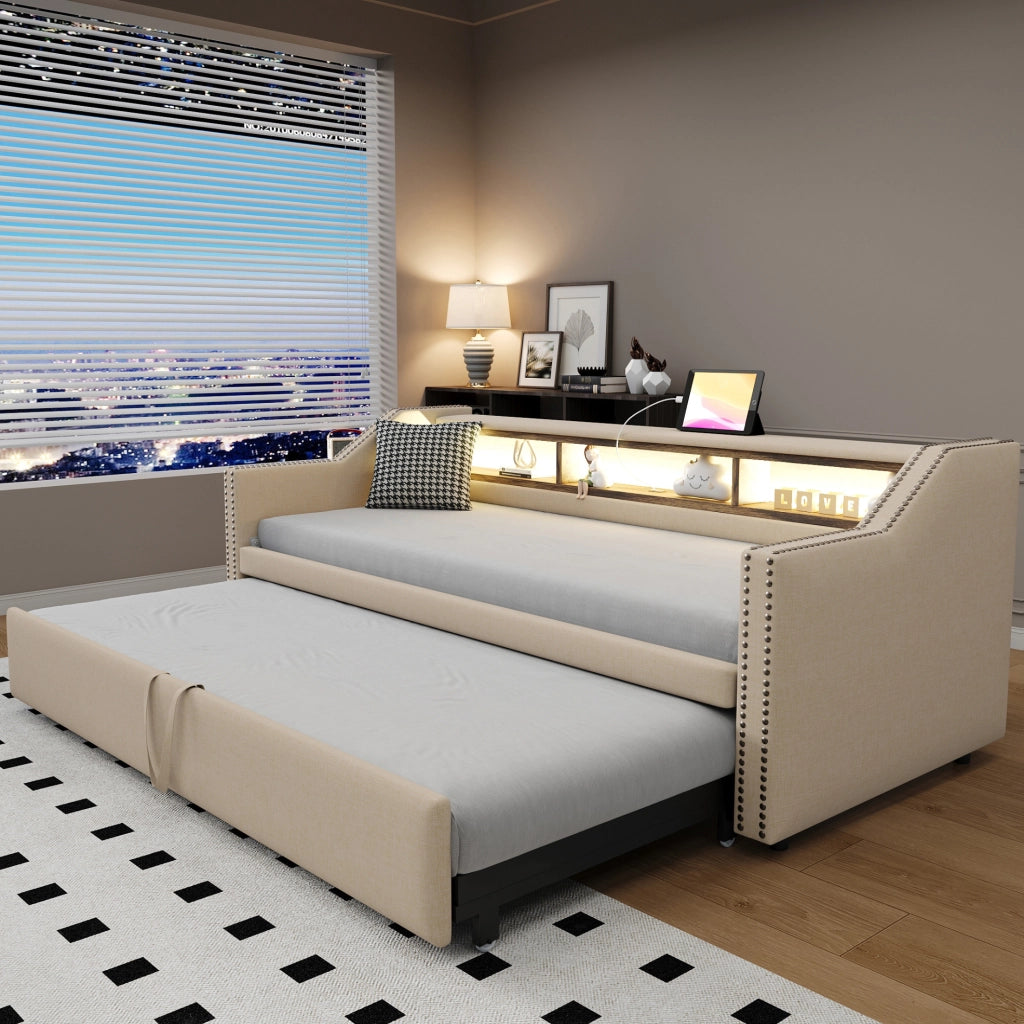 Divano letto 90/180 x 190 cm beige in tessuto con USB e LED