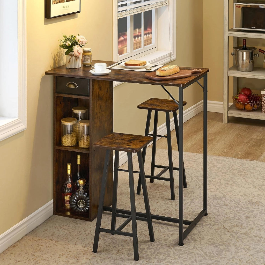 Set da pranzo a 3 pezzi per 2 persone con tavolo; cassetto e ripiano - Stile retrò; altezza bar
