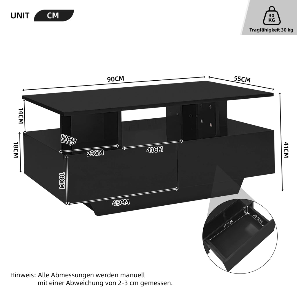 Tavolino da caffè 90x55x41 cm; con LED e 2 cassetti; truciolare nero