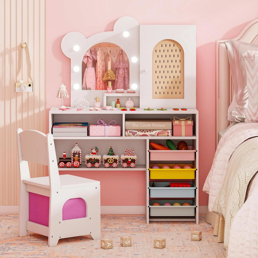Toeletta per Bambine 3+ Anni, Set Tavolo e Sedia con Luci da Principessa con 5 Cassetti e 2 Scomparti, Armadietto con Porta e Scaffale Aperto, Ideale per Cameretta Bambina (Bianco)