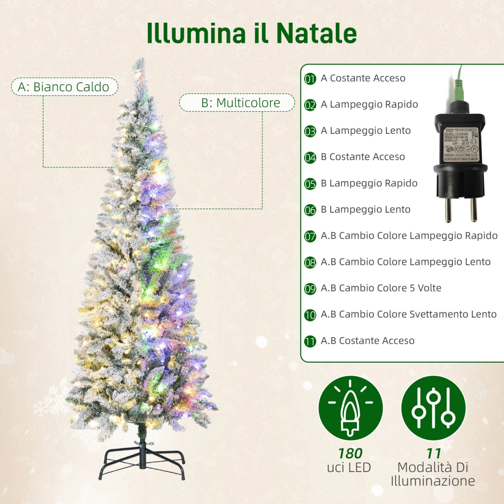 Albero di Natale Innevato con 180 Luci LED a 11 Effetti e 479 Rami, ?65x180 cm, Verde e Bianco