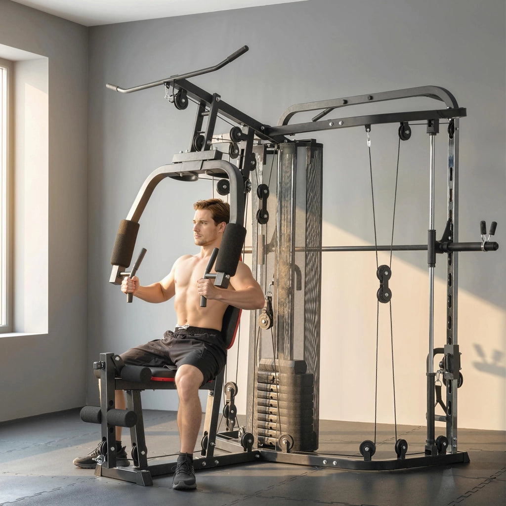 Stazione di allenamento multifunzione ¨C zephmum ¨C con pesi 65kg, lat machine, preacher curl, butterfly