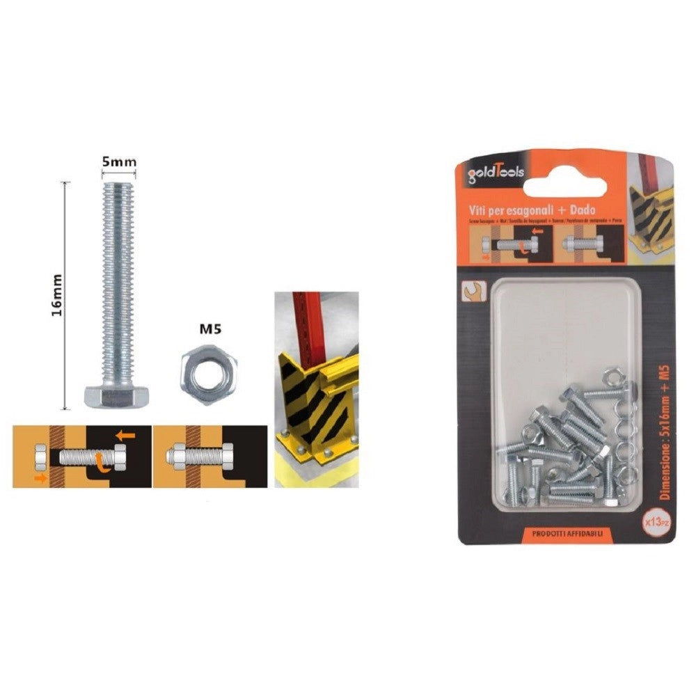 Trade Shop - Set 13 Pz Vite Viti Per Esterno A Testa Esagonali 5x16mm Con Dadi Dado M5 90909 -