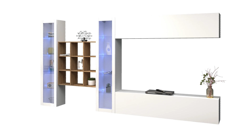 Parete attrezzata TV pensile bianco 2 vetrine libreria 9 ripiani Eron WH