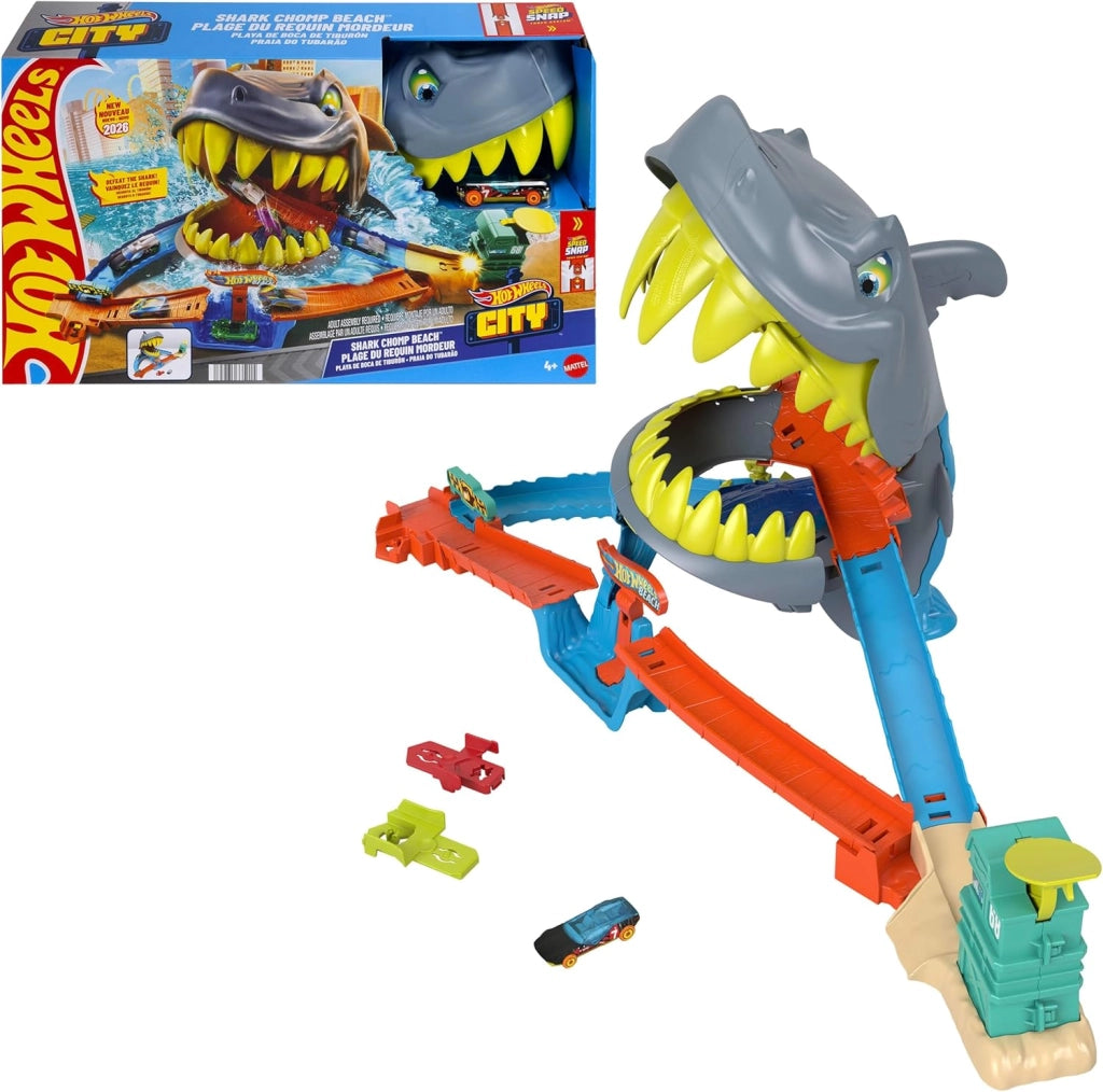 Hot Wheels - Squalo Scontri in Spiaggia, pista con sistema Speed Snap e veicolo incluso, lanciatore per acrobazie nel vu