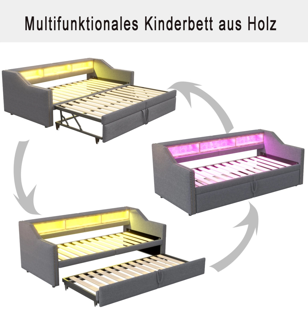 Divano letto imbottito estraibile 90/180 x 200 cm con LED e USB grigio scuro