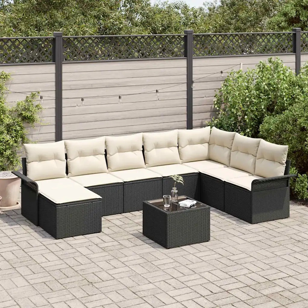 Set Divano da Giardino con cuscino 9 pcs Nero Poly Rattan