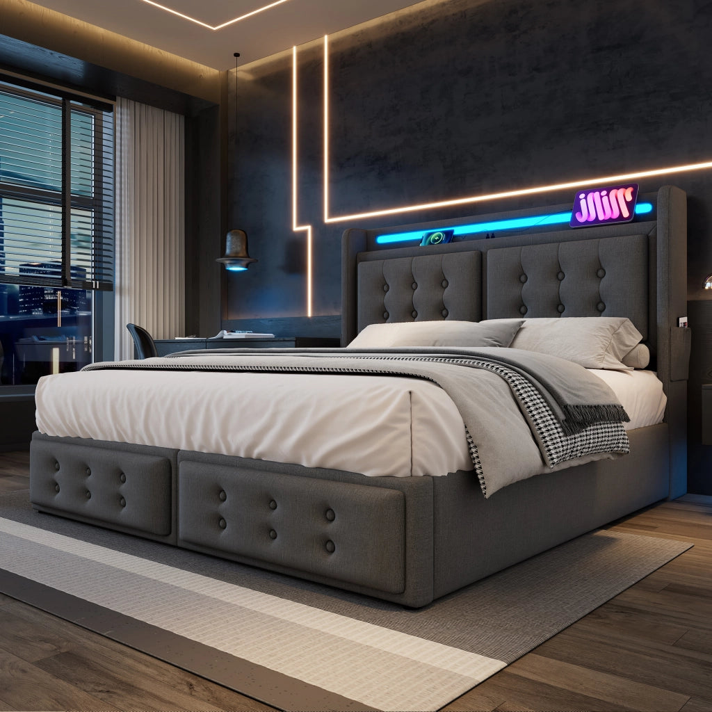 OKWISH Letto Contenitore 180×200 cm, Letto Matrimoniale con LED Regolabile, USB, Tipo C e Prese, senza Materasso, in Tessuto Cotone Lino, Grigio