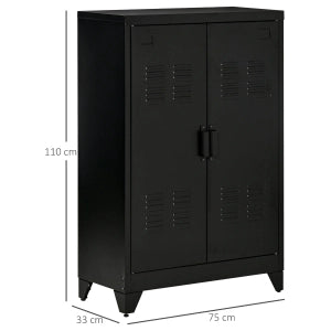 Mobile contenitore in metallo con ante a lamelle, 2 ripiani regolabili, nero, 75 x 33 x 110 cm