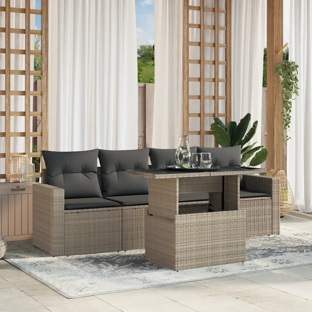 Set Divano da Giardino 5pz con Cuscini Grigio Chiaro Polyrattan
