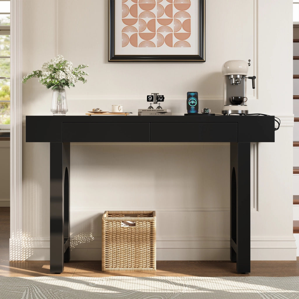 Consolle con 2 cassetti e ciabatta integrata per ingresso e soggiorno in MDF nero 120 × 35,5 × 76,5 cm
