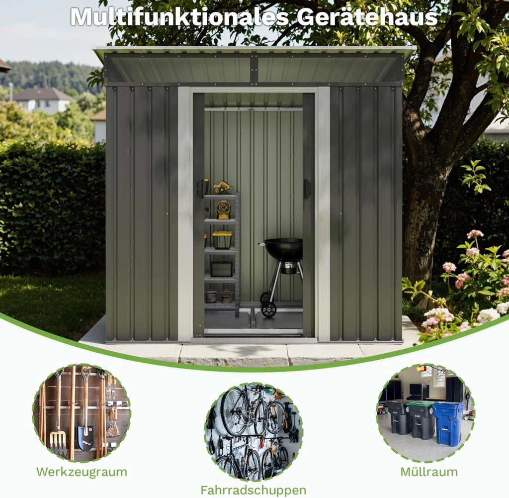 Capanno per attrezzi in metallo, 183 x 109 x 182 cm, con fondamenta, 3,6 m³ casa per attrezzi con lucernario e tetto spiovente, per esterni, resistente alle intemperie, capanno per biciclette