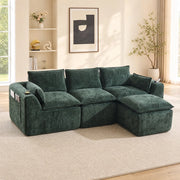 Divano modulare in chenille verde con tasche laterali; cuscini inclusi e imbottitura in schiuma e molle