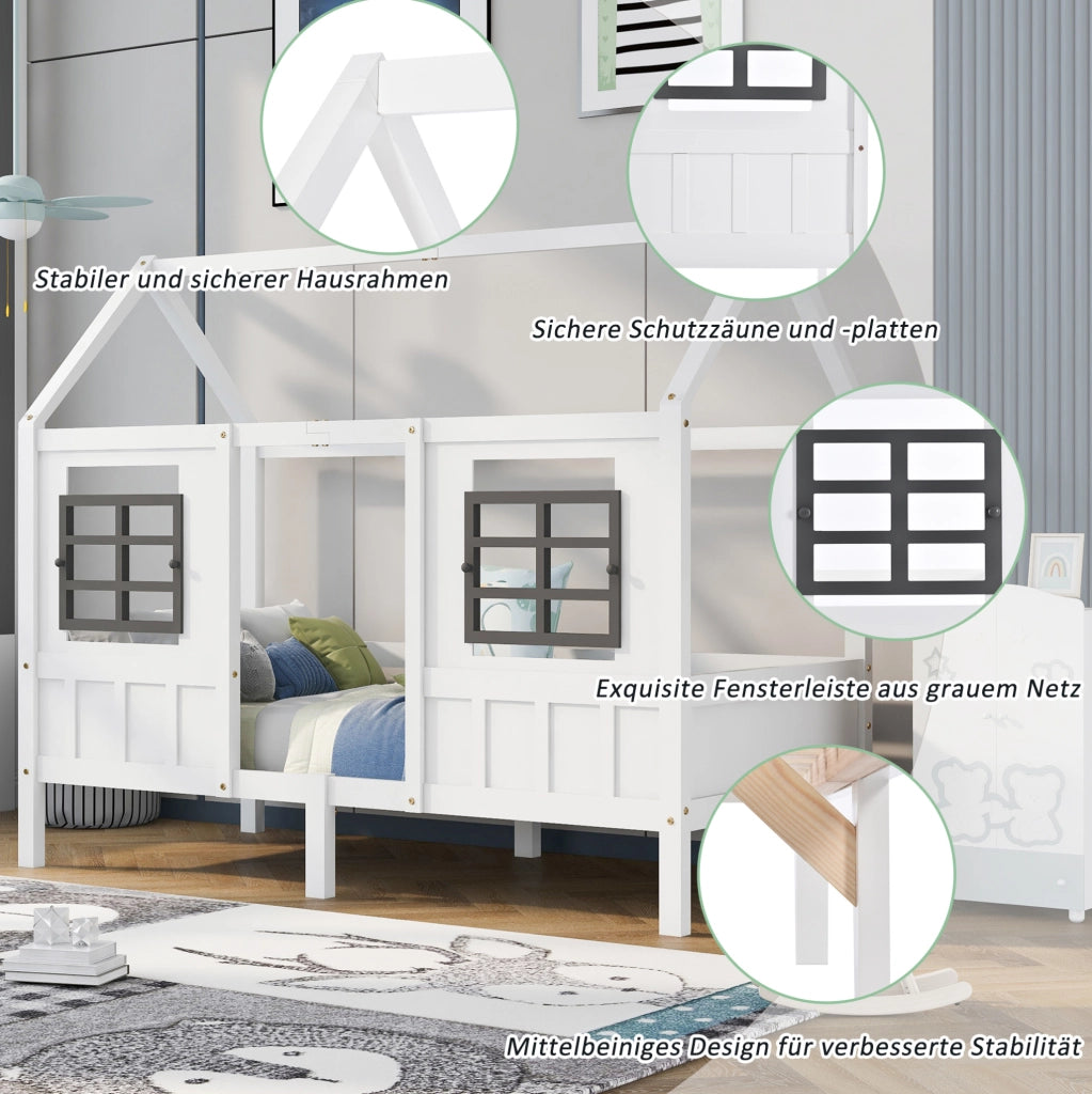 Letto casa con due cassetti e finestre, bianco