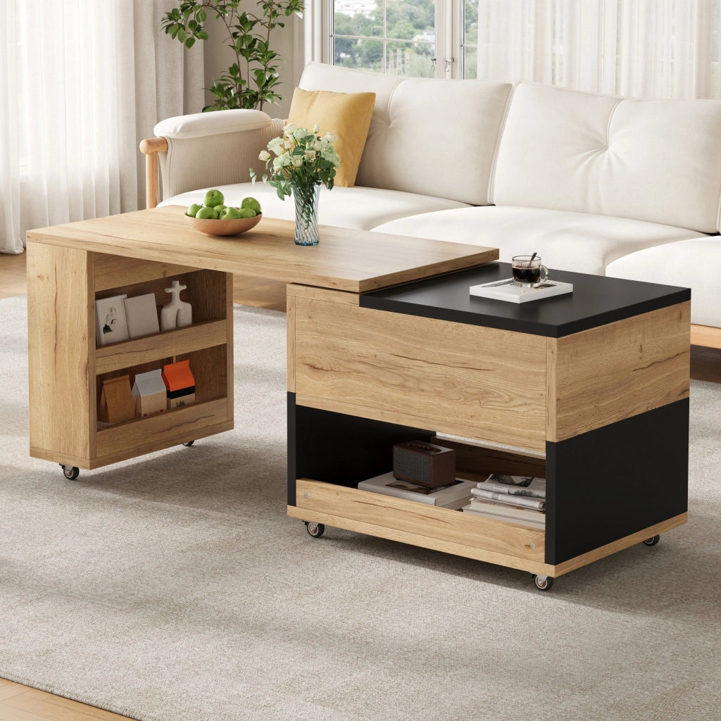 Tavolino da salotto estensibile, pannello laterale girevole a 360¡ã, piano regolabile in altezza, dotato di rotelle, disponibile nei colori legno naturale e nero