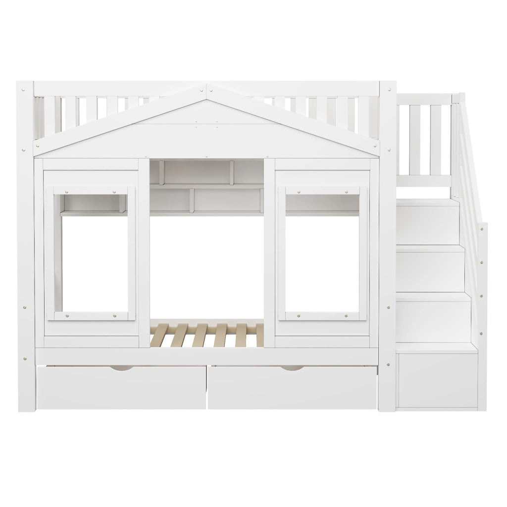 Letto a soppalco per bambini 90x200 cm con scala contenitore; finestra decorativa; parapetto; legno massello; bianco