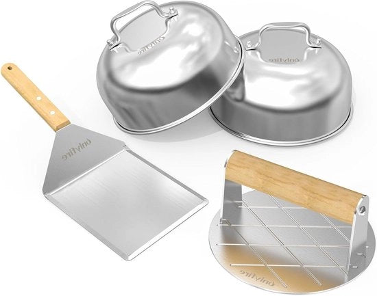 Set di accessori per barbecue in acciaio inossidabile - attrezzi per barbecue con spatola e pressa per burger - accessori BBQ per hamburger, panzerotti, pancetta e steak