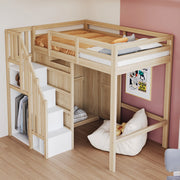 OKWISH Letto a Soppalco 90×200 cm, Letto Singolo con Scala Contenitore, Armadio e Barra Appendiabiti, senza Materasso, Legno Naturale