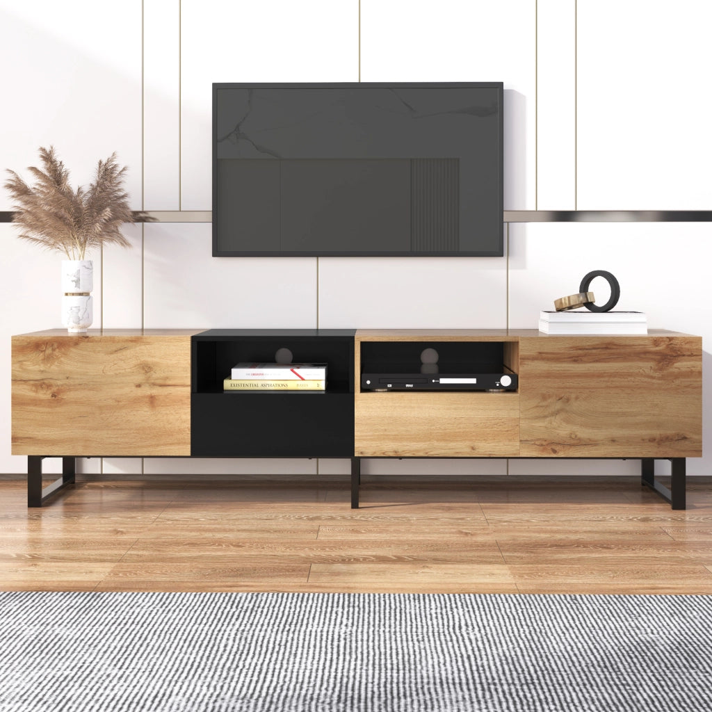 Mobile TV con 2 Ante e 2 Cassetti; Guide 30 cm; Stile Moderno; Soggiorno; 190??38??48 cm; in MDF; Nero e Legno Naturale