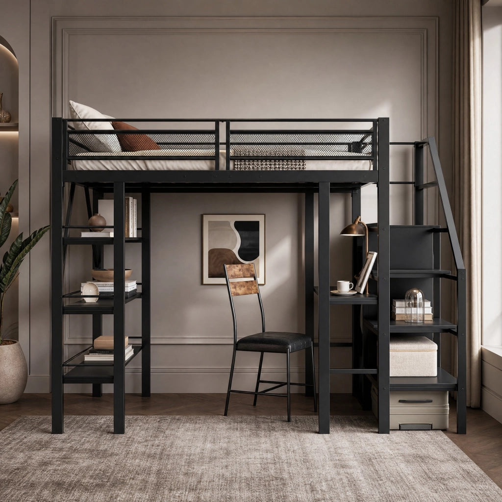 Letto a soppalco modulare 140x200 cm in metallo nero con scrivania; ripiani e armadio