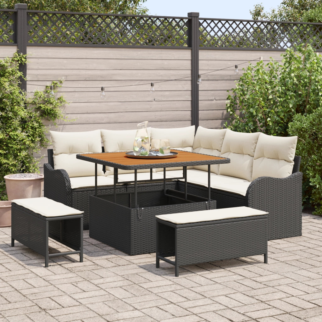 Set Divano da Giardino da 8 Pezzi con Cuscini Polyrattan Nero Acacia
