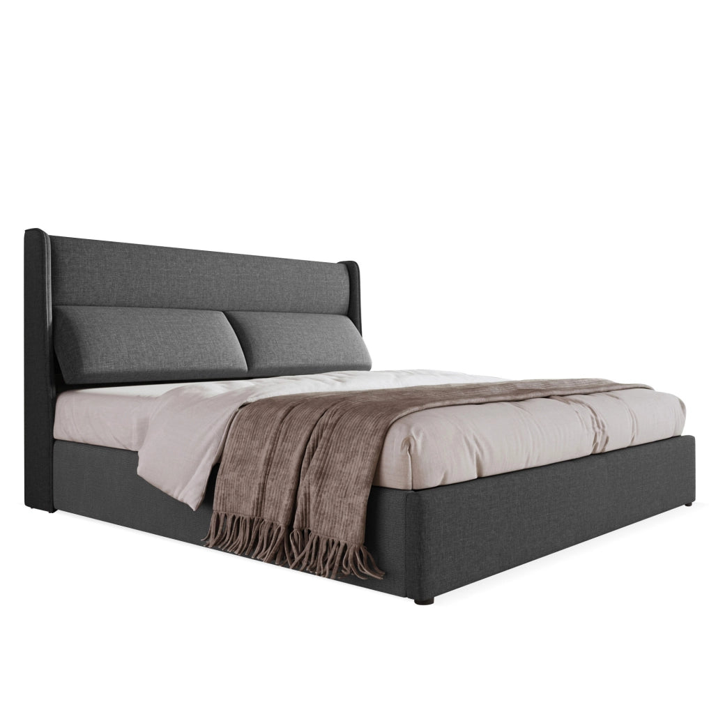Letto imbottito 145x217x113 cm con testiera regolabile e contenitore idraulico in lino grigio