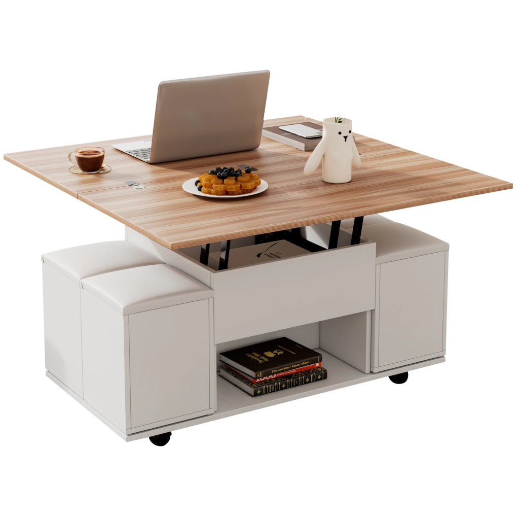Tavolino da salotto sollevabile 2 in 1 con contenitore; 100x100x63;5 cm; bianco e naturale
