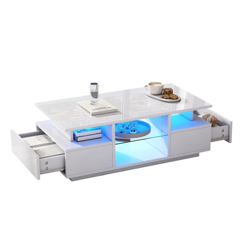 Tavolino da salotto 100 x 50 x 36 cm con 2 cassetti; LED; ripiani in vetro; bianco lucido