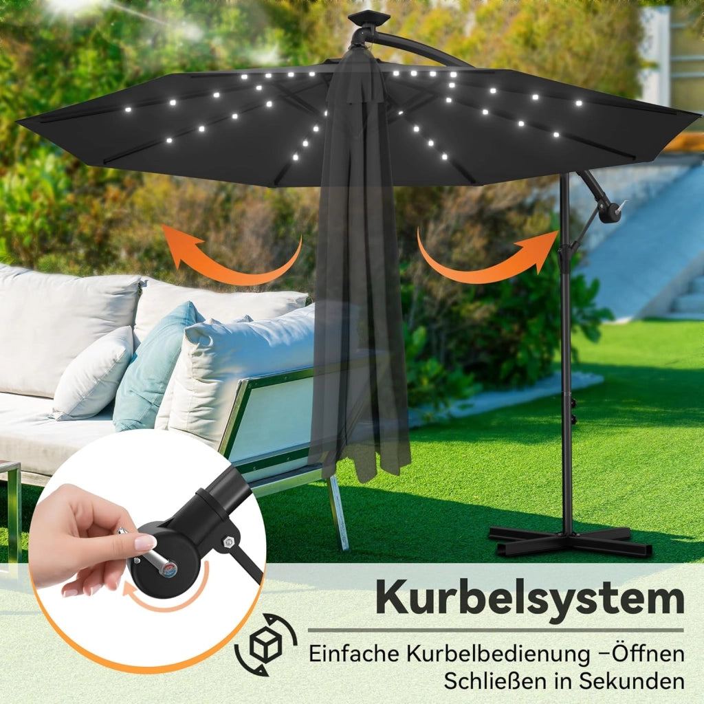Ombrellone parasole con manovella, in alluminio, ombrellone da giardino, balcone, con supporto, protezione dai raggi UV, terrazza, giardino, spiaggia, grigio scuro, 3,5M, mit LED