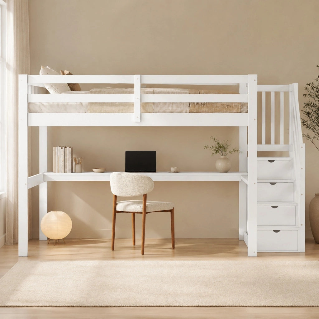 Hochbett 140x200 cm in legno di pino con scrivania e cassetti contenitore, bianco