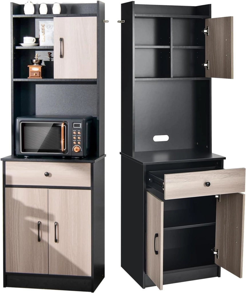 Credenza Alta da Cucina 180 cm, Mobile Cucina Dispensa con Fori Cavi, Mobile Buffet con Ripiano Regolabile, 3 Ante e Cassetto, per Soggiorno, Sala da Pranzo, Bagno, 60 x 40 x 180 cm (Bianco)
