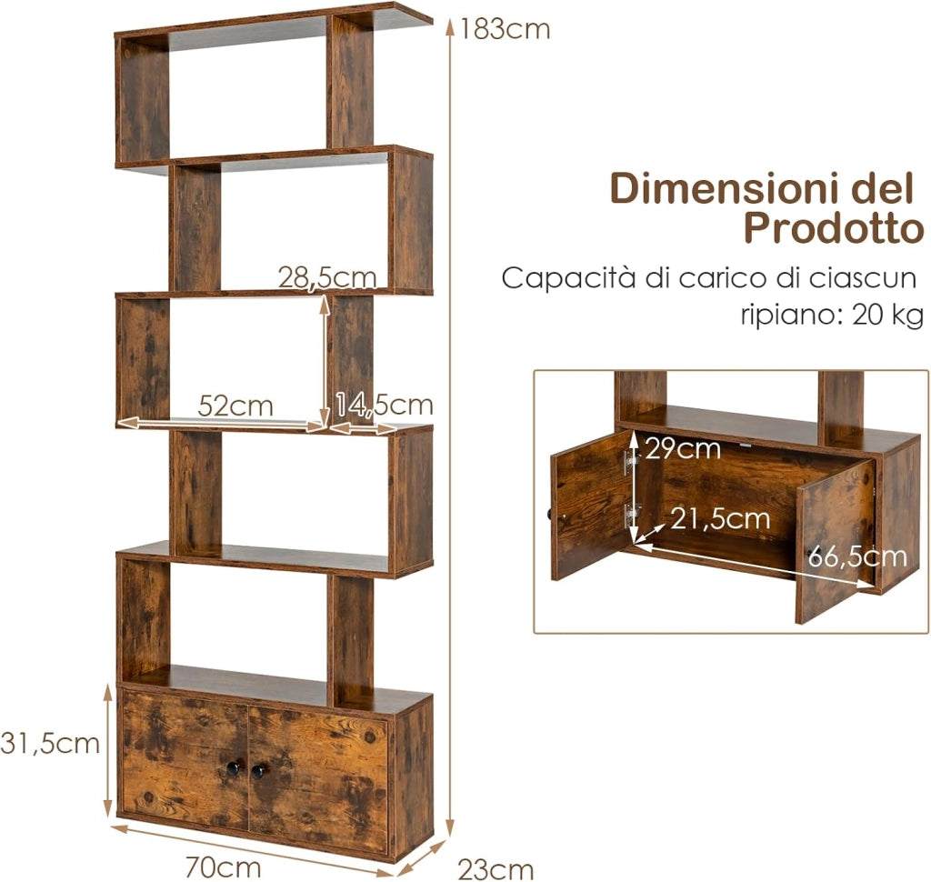 Libreria in Legno, Scaffale Multifunzionale con 5 Ripiani, per Ufficio ,Casa, Ripiano a Forma di S, 70 x 23 x 183 cm (Caffè)