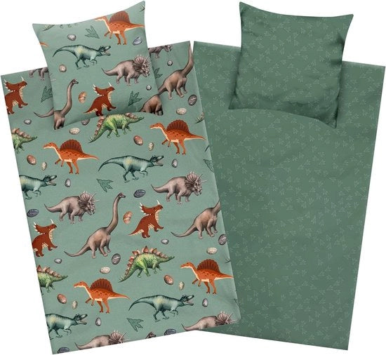 Biancheria da letto dinosauro, 135 x 200 cm, cotone, chiusura a zip, biancheria da letto per bambini reversibile, motivi dinosauro, caldo, morbido e confortevole, verde