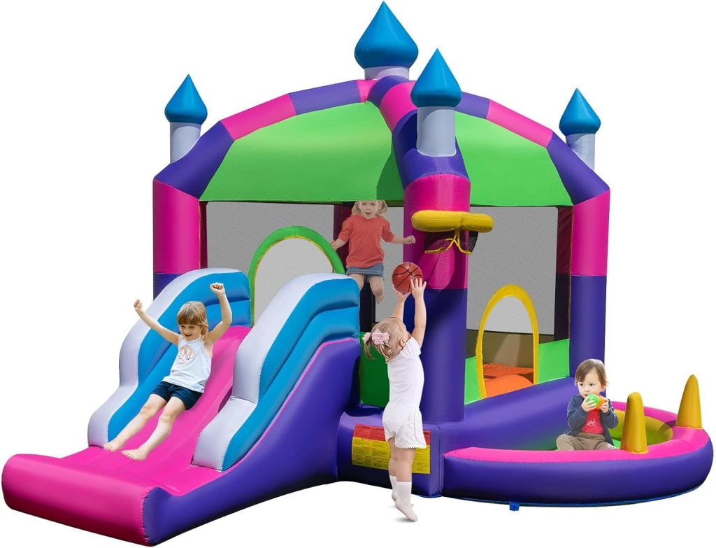 Castello Gonfiabile con Tettuccio, Casa Gonfiabile con Scivolo, Trampolino e Canestro da Basket, per 2 Bambini di 3-10 Anni, 385 x 332,5 x 300 cm