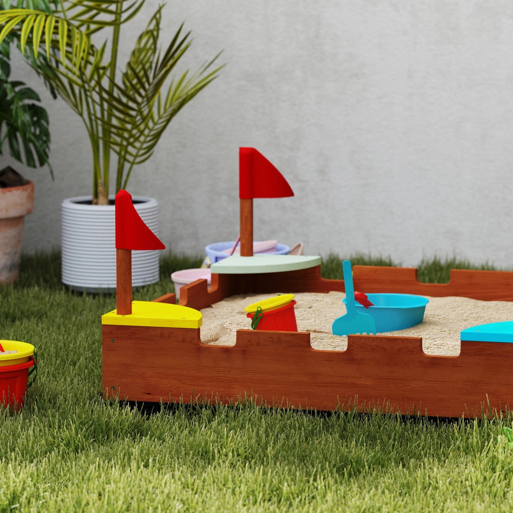 Sabbiera per Bambini 90x90x17 cm con 4 Sedute Angolari in Legno di Abete Multicolore