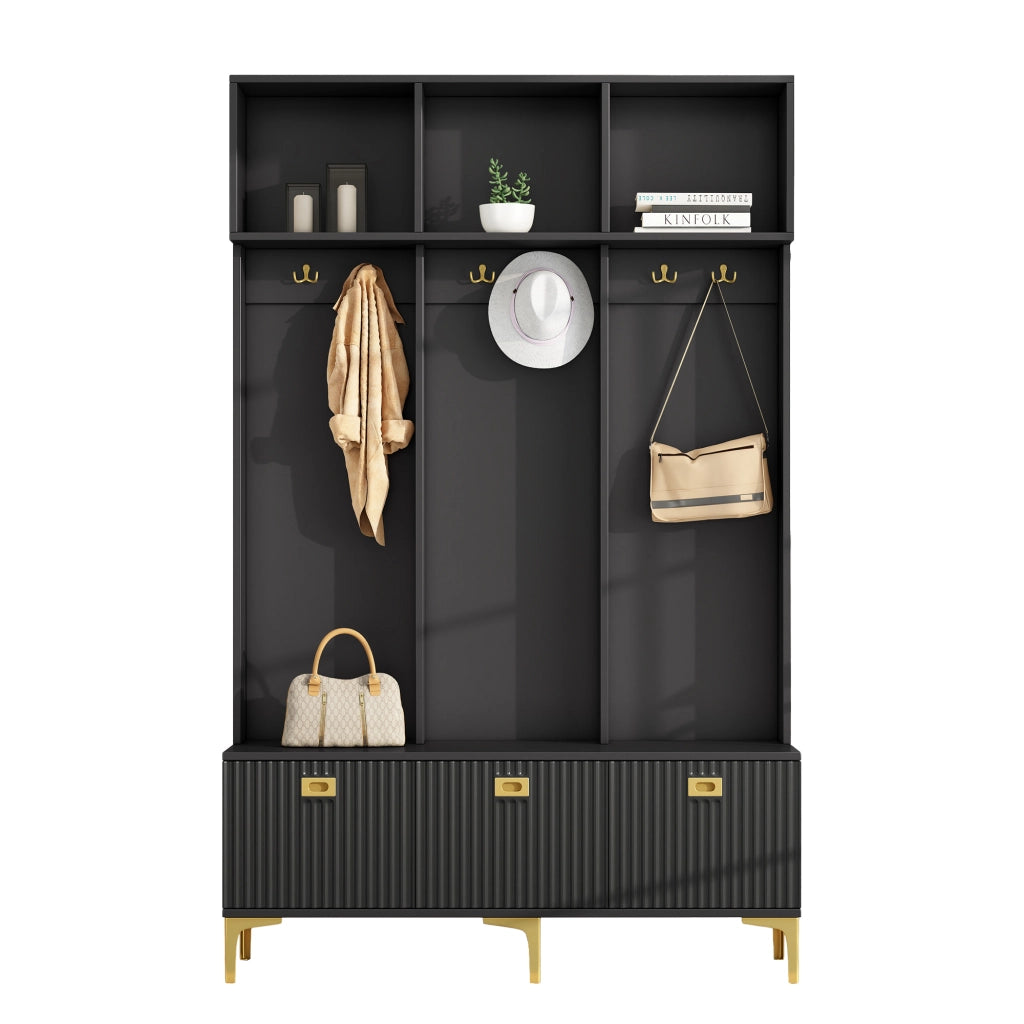 Guardaroba da ingresso multifunzionale con panca, scarpiera e ganci, colore nero, 120 x 23,5 x 191,5 cm