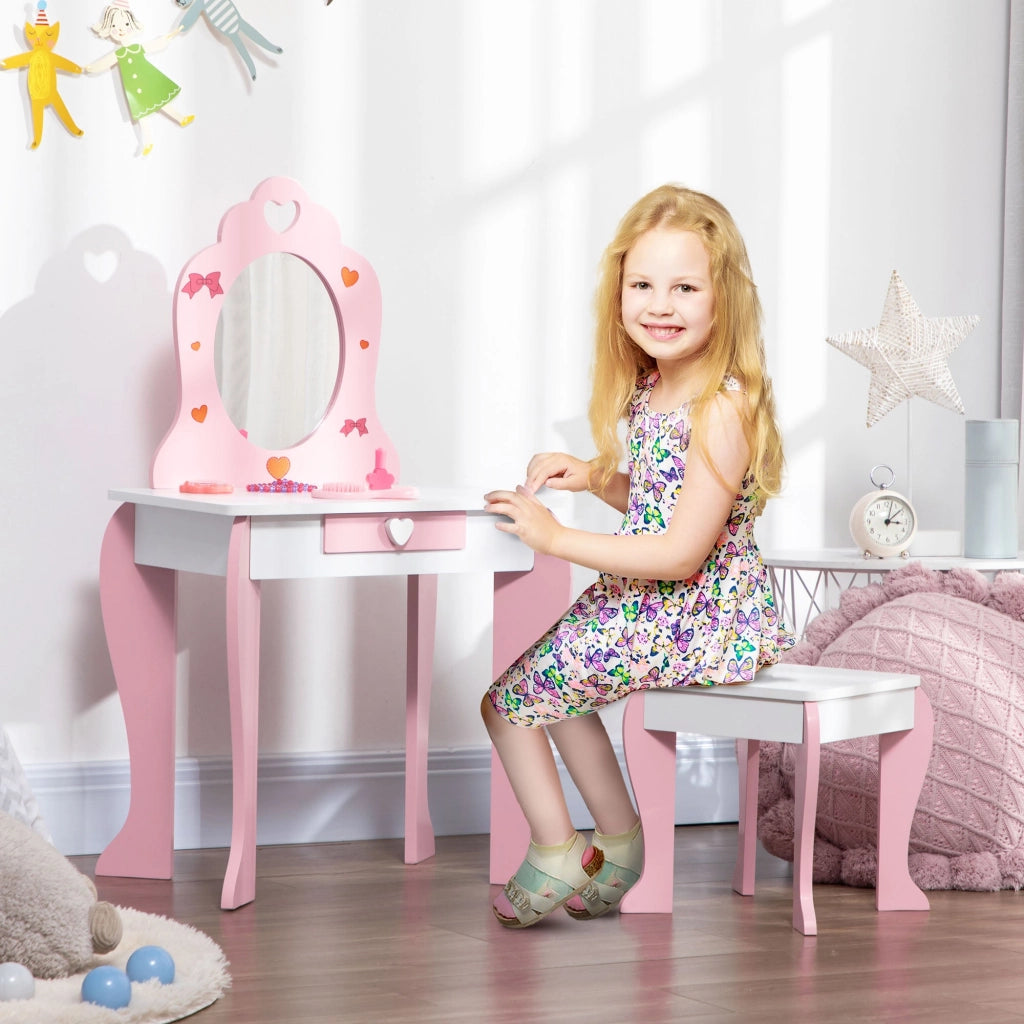 Specchiera Giocattolo per Bambini 50x36,5x89,5 cm con Sgabello in MDF Bianco e Rosa