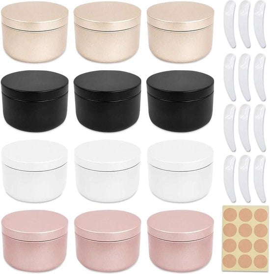 Contenitori di cosmetici in alluminio 12 pezzi 50 ml - contenitori di cosmetici metallici vuoti - colla rotonda - cucchiaio di applicazione di cosmetici - mostri di creme, polveri e candele.