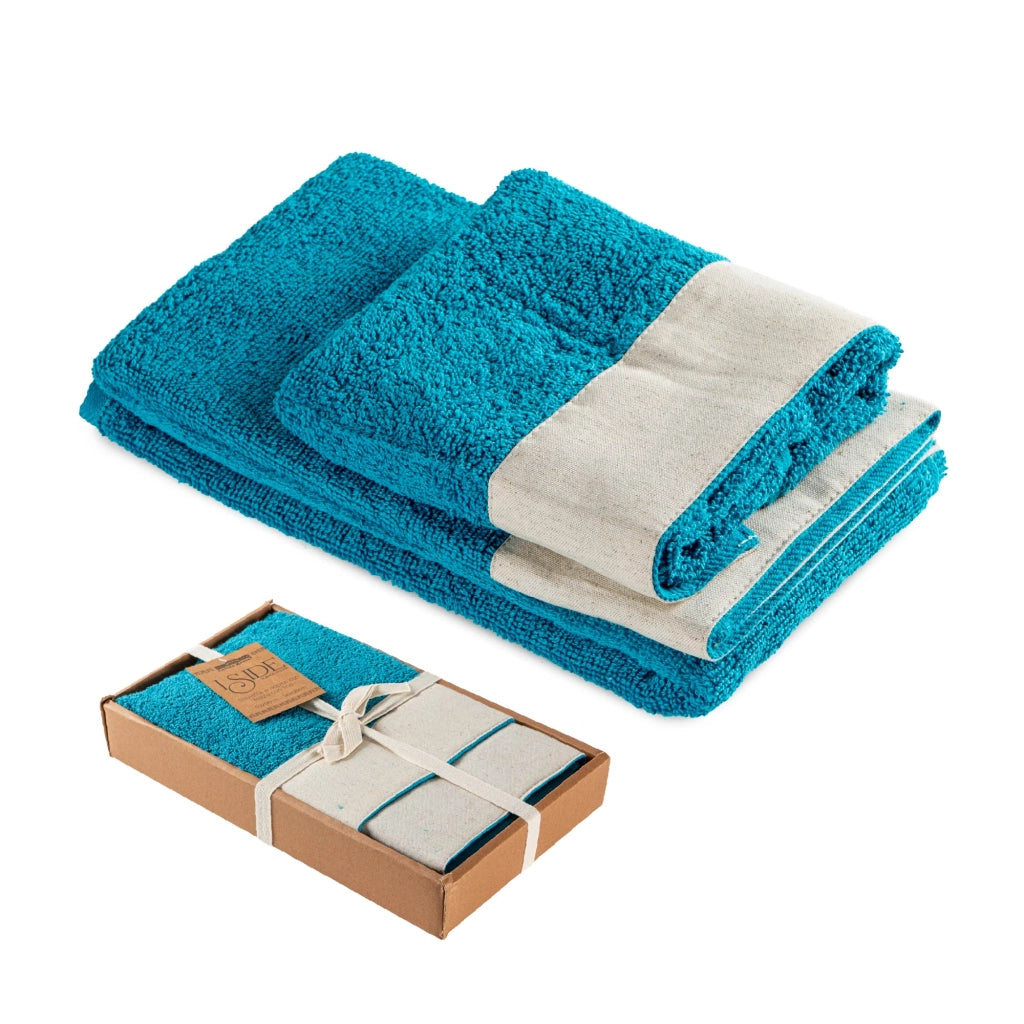Set Asciugamani Bagno 2 Pezzi con Balza in Lino – Salvietta + Ospite – Morbidi, Super Assorbenti e Delicati sulla Pelle – Certificati OEKO-TEX – Eleganti e Resistenti  Blu Baia