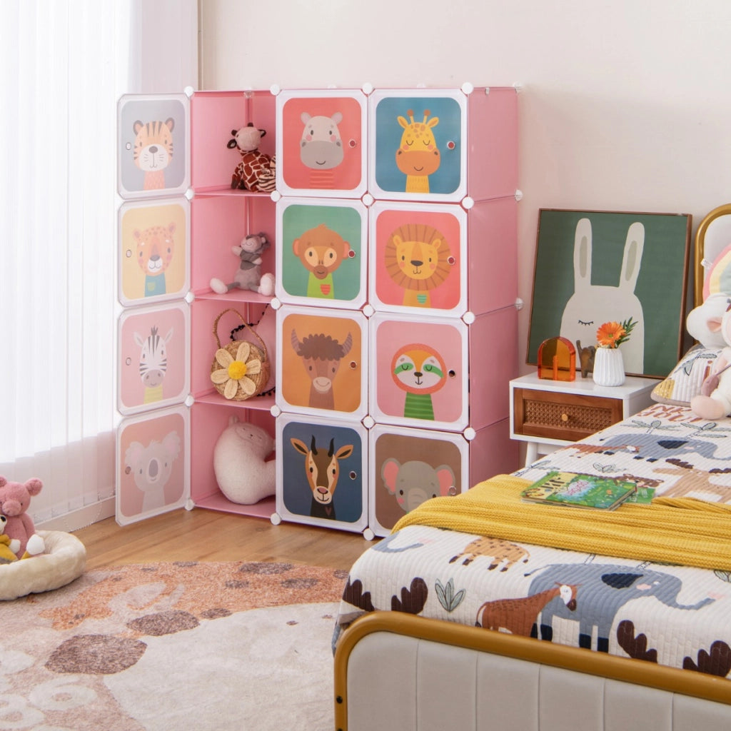 Armadio portatile per bambini, Armadio con 12 cubi con 2 sezioni appendibili com¨° con cartoon Rosa-Scaffalature