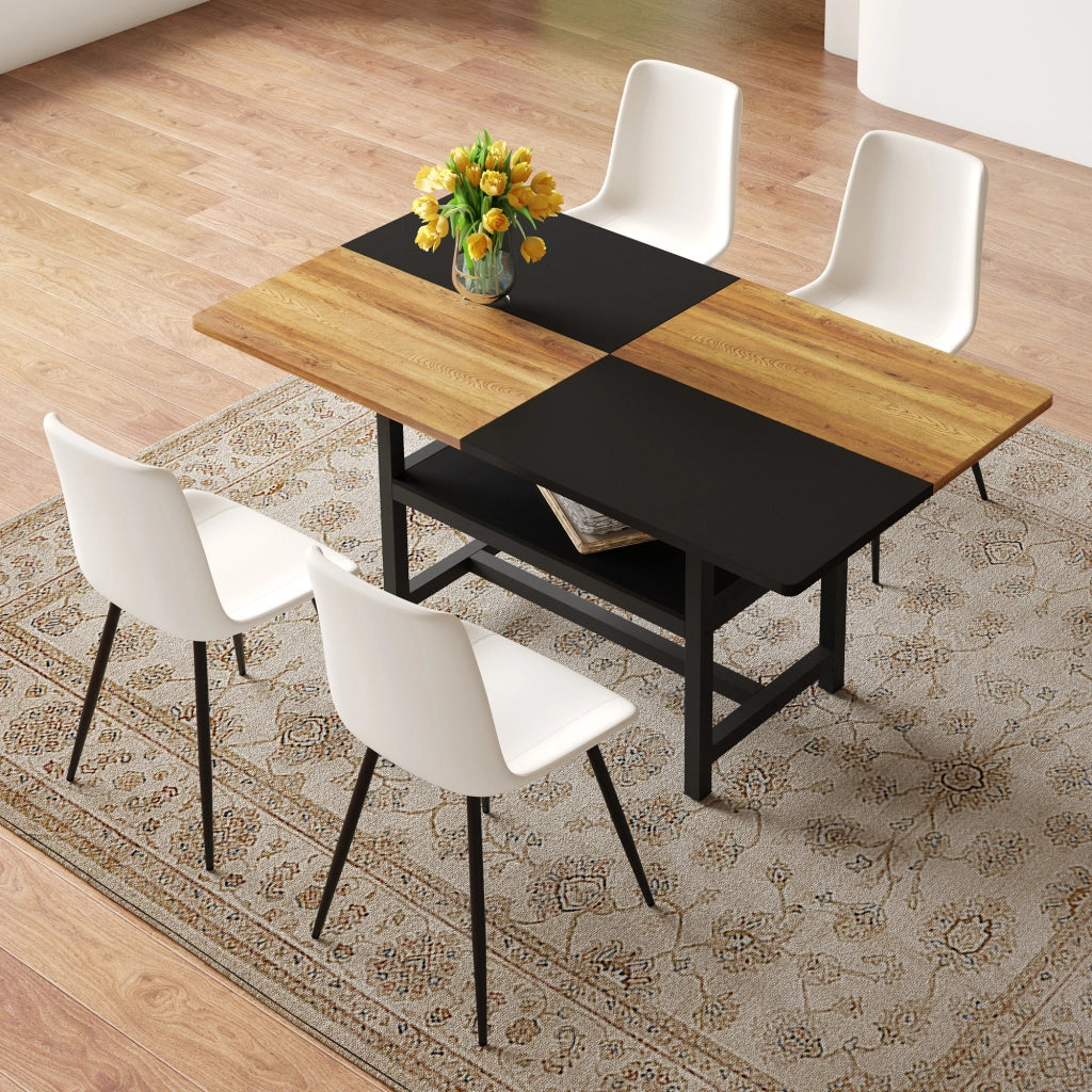 Tavolo da pranzo per 4 persone con vano portaoggetti integrato e 4 sedie in tessuto tecnico marrone 160 cm
